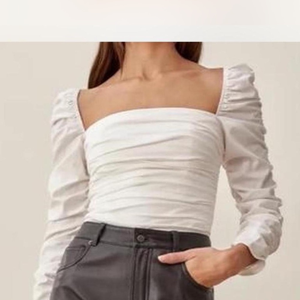 Reformation White Ruched Long Sleeve Blouse